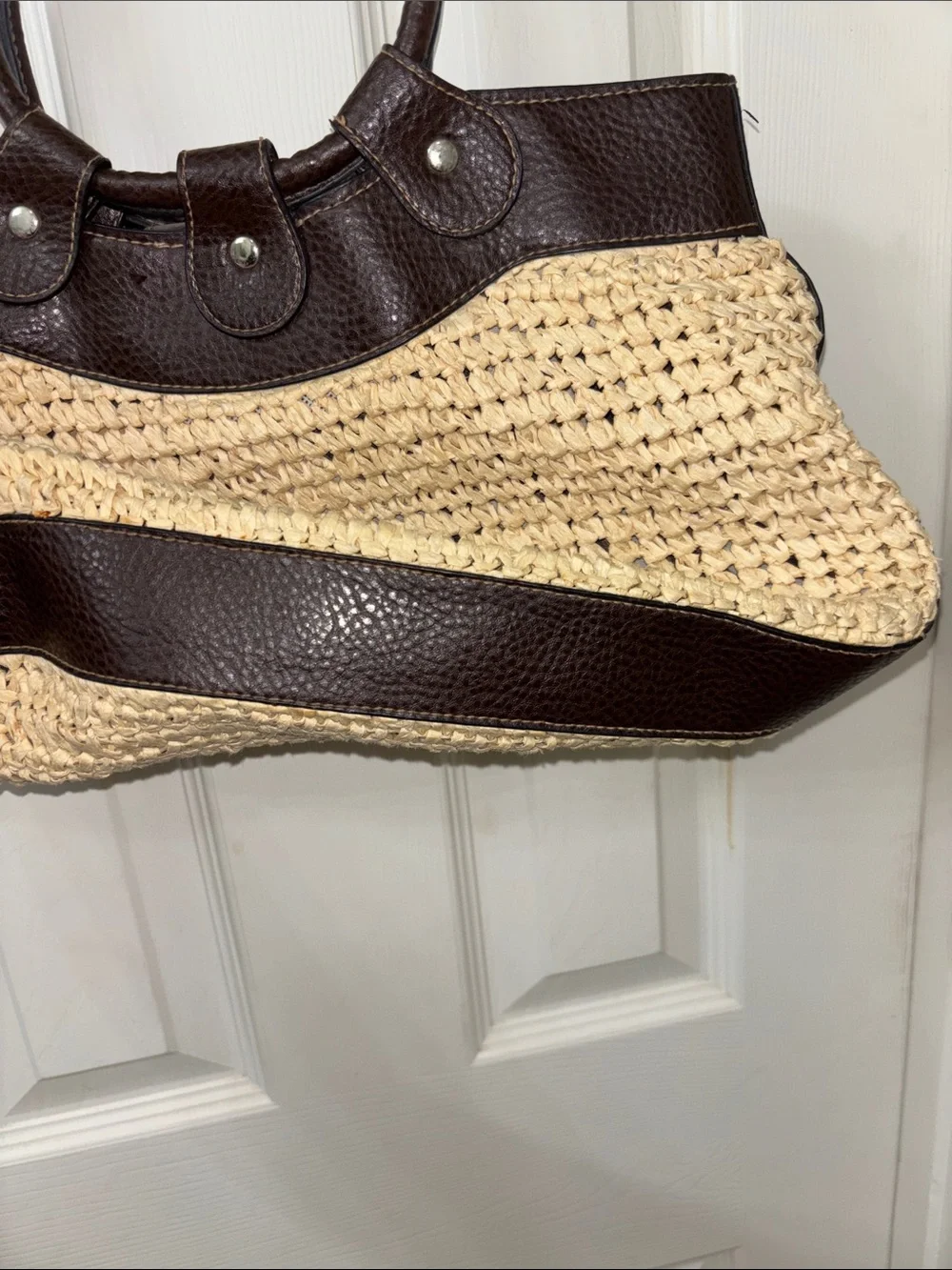 Woven Straw Tote with Dark Brown Trim
